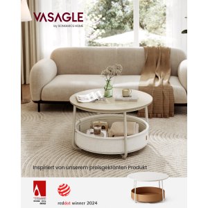 VASAGLE LCT244K01 Rundt sofabord med opbevaringsplads Sidebord Stuebord med stofkurv Moderne metalramme Naturbeige/Cremehvid
