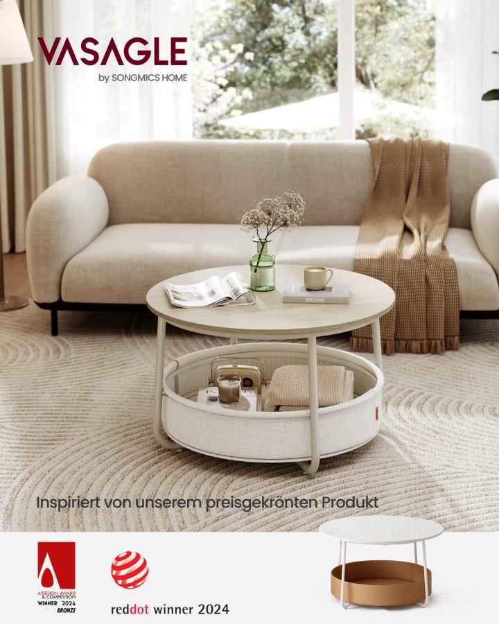 VASAGLE LCT244K01 Rundt sofabord med opbevaringsplads Sidebord Stuebord med stofkurv Moderne metalramme Naturbeige/Cremehvid
