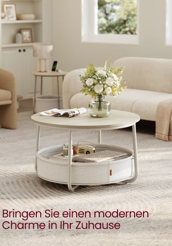 VASAGLE LCT244K01 Rundt sofabord med opbevaringsplads Sidebord Stuebord med stofkurv Moderne metalramme Naturbeige/Cremehvid