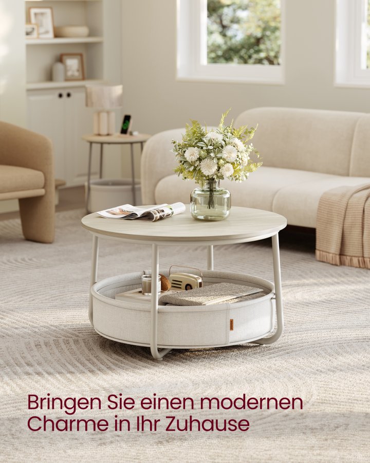 VASAGLE LCT244K01 Rundt sofabord med opbevaringsplads Sidebord Stuebord med stofkurv Moderne metalramme Naturbeige/Cremehvid
