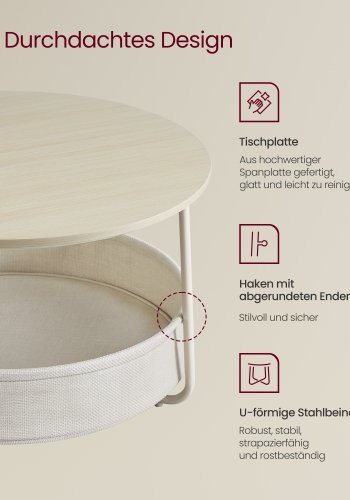 VASAGLE LCT244K01 Rundt sofabord med opbevaringsplads Sidebord Stuebord med stofkurv Moderne metalramme Naturbeige/Cremehvid