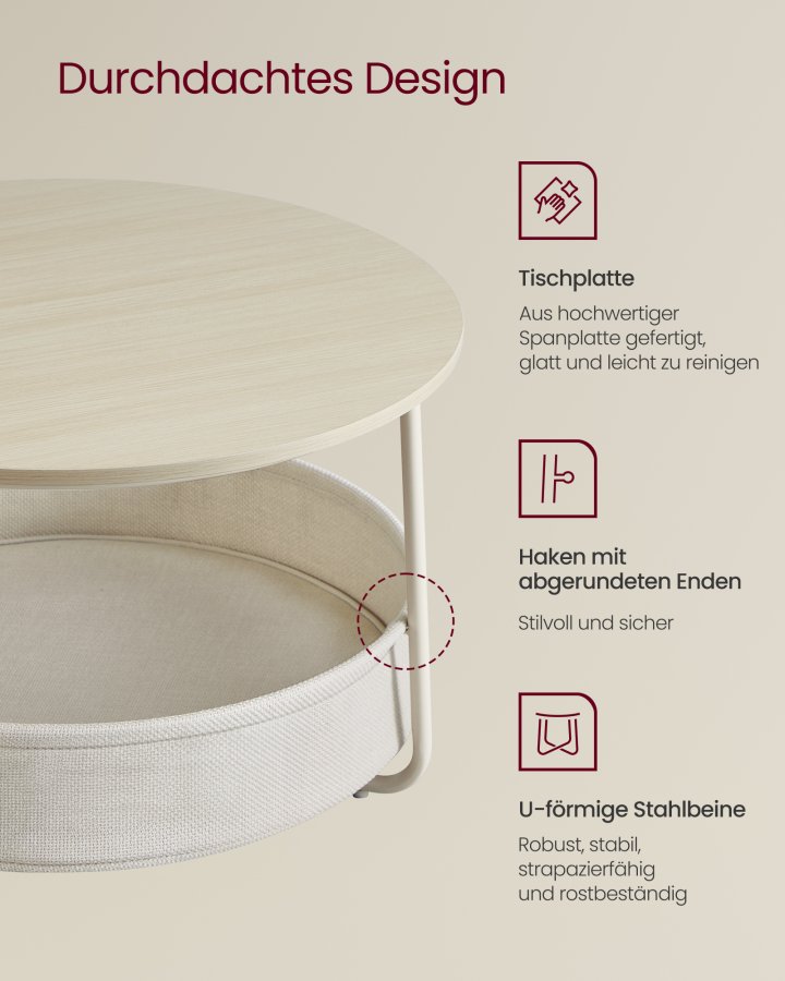 VASAGLE LCT244K01 Rundt sofabord med opbevaringsplads Sidebord Stuebord med stofkurv Moderne metalramme Naturbeige/Cremehvid