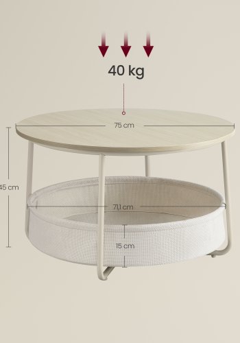 VASAGLE LCT244K01 Rundt sofabord med opbevaringsplads Sidebord Stuebord med stofkurv Moderne metalramme Naturbeige/Cremehvid