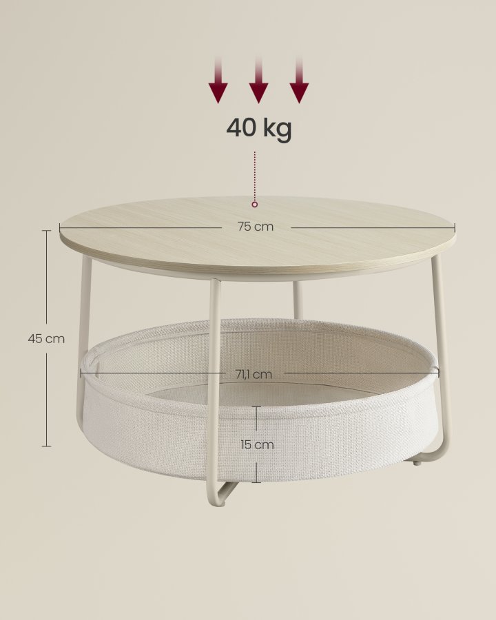 VASAGLE LCT244K01 Rundt sofabord med opbevaringsplads Sidebord Stuebord med stofkurv Moderne metalramme Naturbeige/Cremehvid