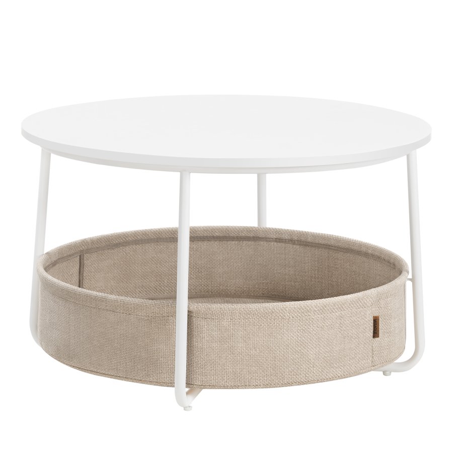 VASAGLE sofabord med opbevaring, rundt centerbord til stue med stofkurv, moderne stil, metalstel, mat hvid og kamelbrun LCT244W10