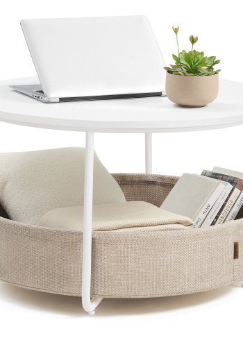 VASAGLE Couchtisch mit Stauraum, runder Beistelltisch f�r das Wohnzimmer mit Stoffkorb, moderner Stil, Metallgestell, mattwei� und kamelbraun LCT244W10