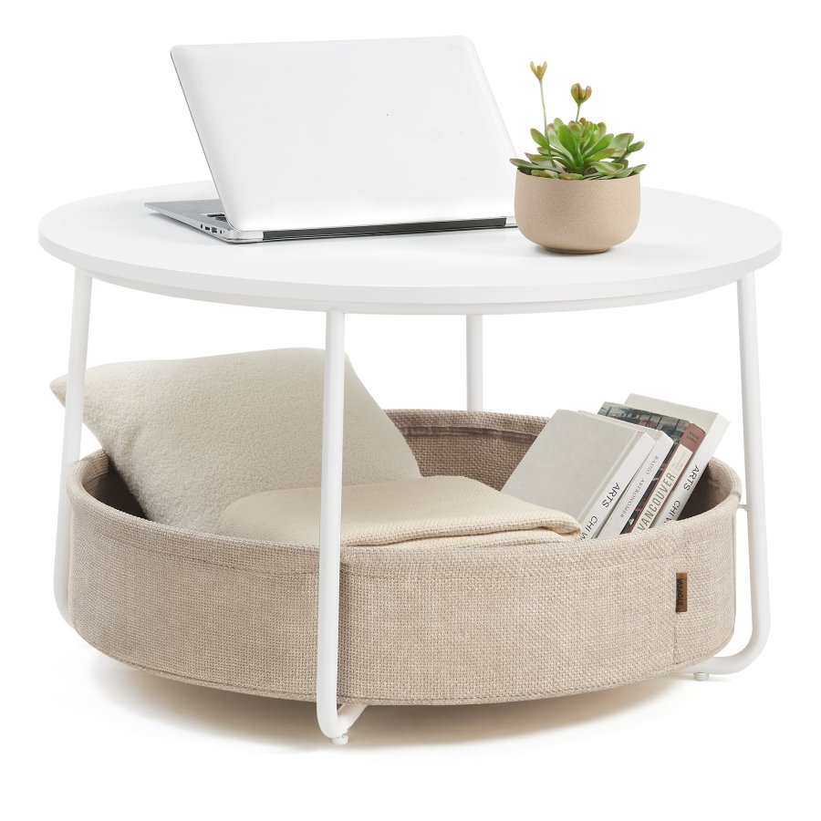 VASAGLE sofabord med opbevaring, rundt centerbord til stue med stofkurv, moderne stil, metalstel, mat hvid og kamelbrun LCT244W10