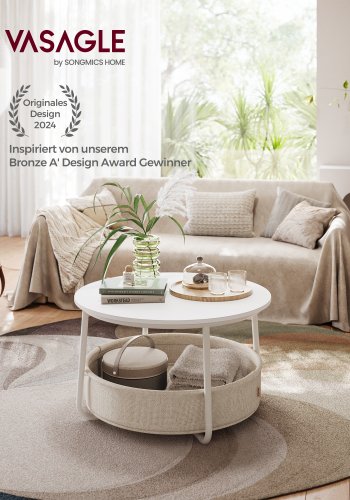 VASAGLE Couchtisch mit Stauraum, runder Beistelltisch f�r das Wohnzimmer mit Stoffkorb, moderner Stil, Metallgestell, mattwei� und kamelbraun LCT244W10