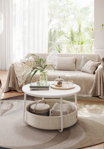 VASAGLE sofabord med opbevaring, rundt centerbord til stue med stofkurv, moderne stil, metalstel, mat hvid og kamelbrun LCT244W10