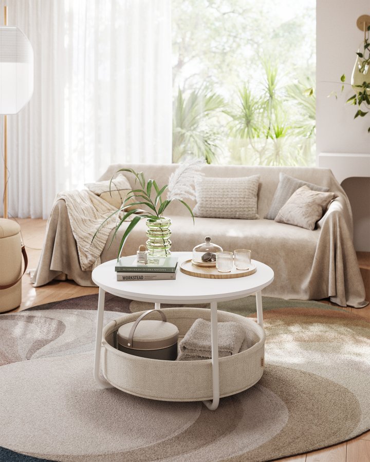 VASAGLE sofabord med opbevaring, rundt centerbord til stue med stofkurv, moderne stil, metalstel, mat hvid og kamelbrun LCT244W10
