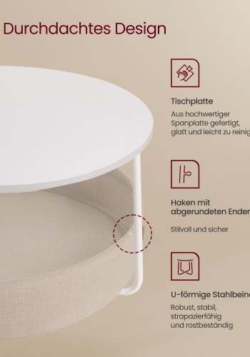 VASAGLE sofabord med opbevaring, rundt centerbord til stue med stofkurv, moderne stil, metalstel, mat hvid og kamelbrun LCT244W10