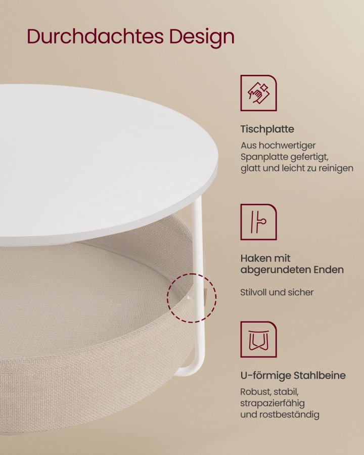 VASAGLE sofabord med opbevaring, rundt centerbord til stue med stofkurv, moderne stil, metalstel, mat hvid og kamelbrun LCT244W10