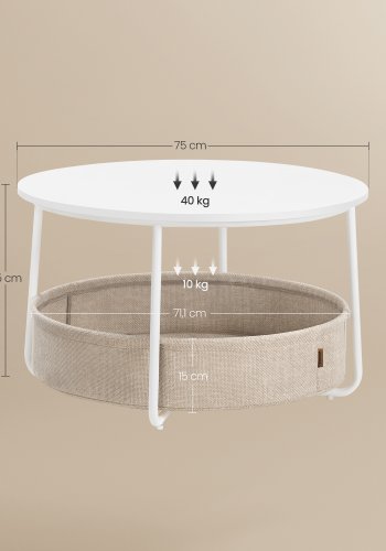 VASAGLE sofabord med opbevaring, rundt centerbord til stue med stofkurv, moderne stil, metalstel, mat hvid og kamelbrun LCT244W10