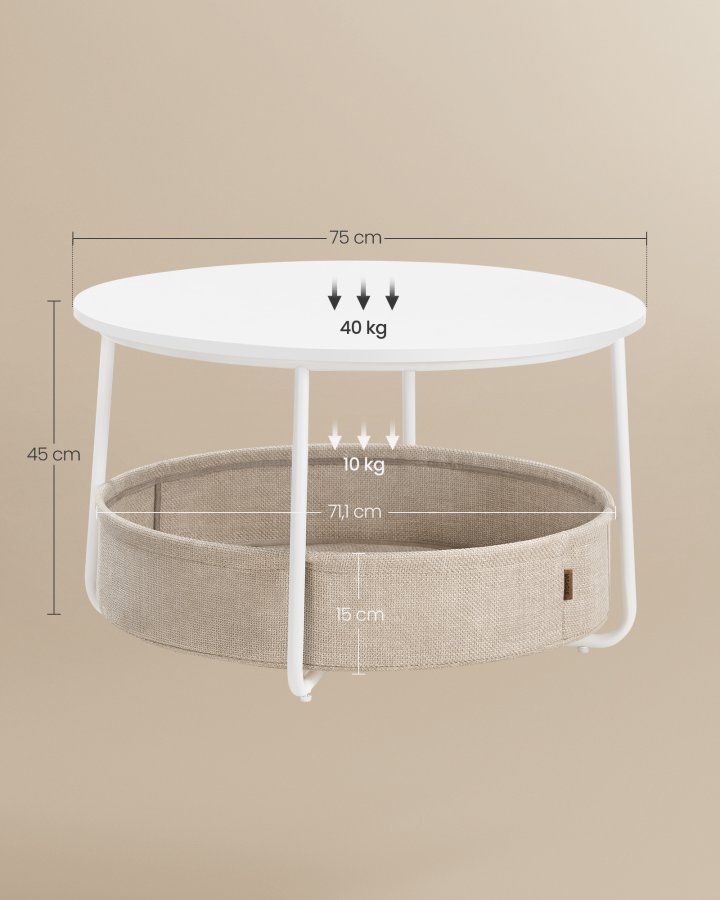 VASAGLE sofabord med opbevaring, rundt centerbord til stue med stofkurv, moderne stil, metalstel, mat hvid og kamelbrun LCT244W10