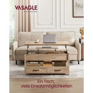 VASAGLE sofabord h�jdejusterbart stuebord gasflaske 2 skuffer og 3 skjulte rum sofabord 1 �bent rum til stue hjemmekontor kamelbrun LCT254L01