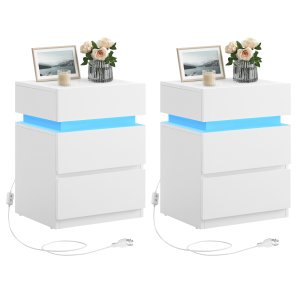 VASAGLE Natbord med LED-belysning, s�t med 2, sidebord, justerbare farver, sofabord 3 skuffer, natbord, sovev�relse, moderne, 35 x 40 x 55 cm, hvid LET0830W01