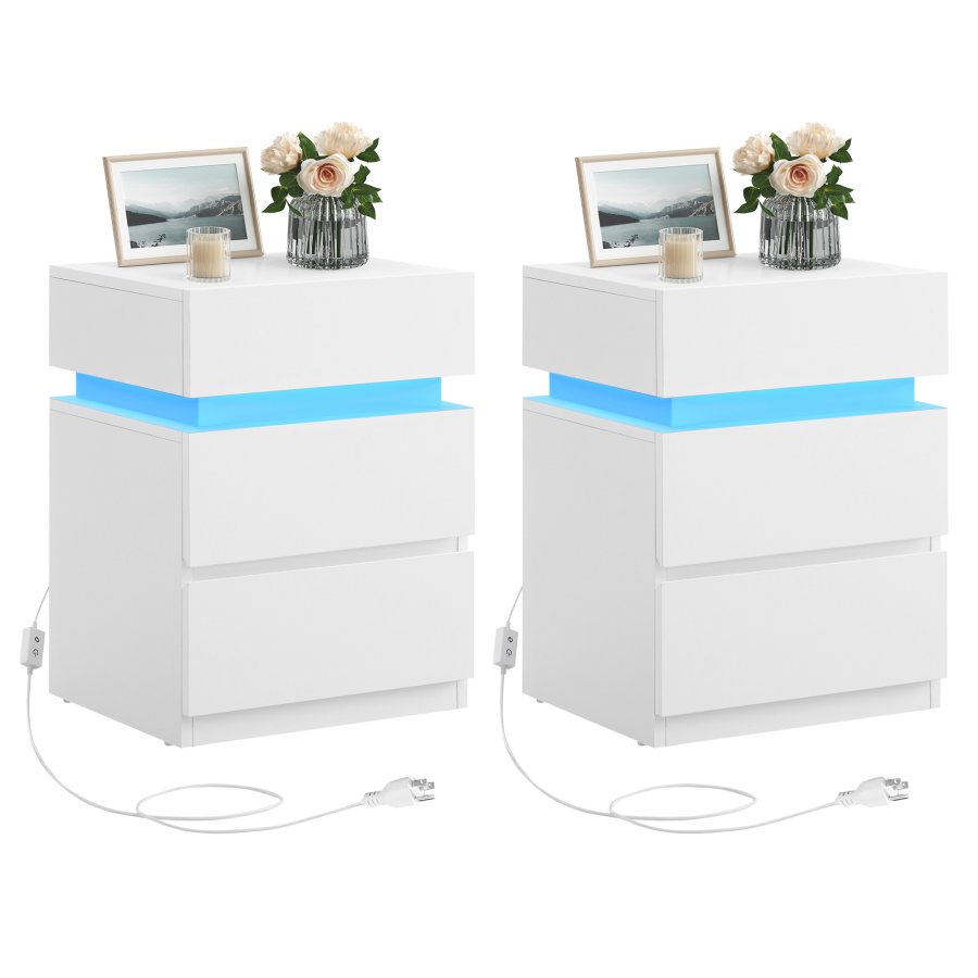 VASAGLE Natbord med LED-belysning, s�t med 2, sidebord, justerbare farver, sofabord 3 skuffer, natbord, sovev�relse, moderne, 35 x 40 x 55 cm, hvid LET0830W01