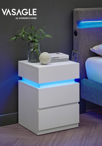 VASAGLE LET0830W01 sengebord, m. justerbar flerfarvet LED-strip, 3 skuffer - hvid sp�nplade (s�t med 2)