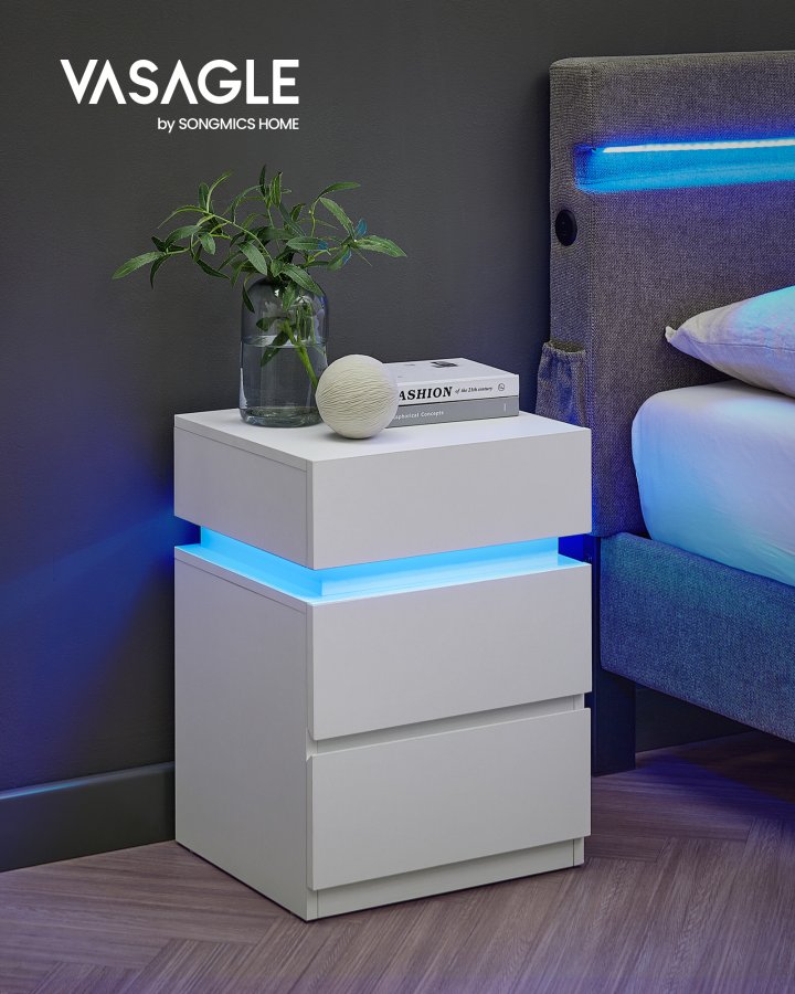 VASAGLE Natbord med LED-belysning, s�t med 2, sidebord, justerbare farver, sofabord 3 skuffer, natbord, sovev�relse, moderne, 35 x 40 x 55 cm, hvid LET0830W01