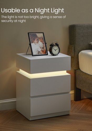VASAGLE Natbord med LED-belysning, s�t med 2, sidebord, justerbare farver, sofabord 3 skuffer, natbord, sovev�relse, moderne, 35 x 40 x 55 cm, hvid LET0830W01