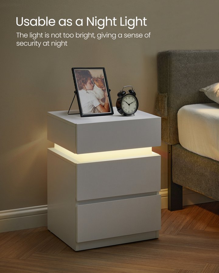 VASAGLE Natbord med LED-belysning, s�t med 2, sidebord, justerbare farver, sofabord 3 skuffer, natbord, sovev�relse, moderne, 35 x 40 x 55 cm, hvid LET0830W01