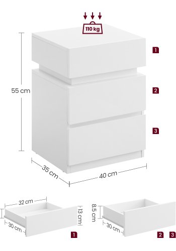 VASAGLE Natbord med LED-belysning, s�t med 2, sidebord, justerbare farver, sofabord 3 skuffer, natbord, sovev�relse, moderne, 35 x 40 x 55 cm, hvid LET0830W01