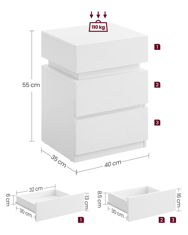 VASAGLE Natbord med LED-belysning, s�t med 2, sidebord, justerbare farver, sofabord 3 skuffer, natbord, sovev�relse, moderne, 35 x 40 x 55 cm, hvid LET0830W01