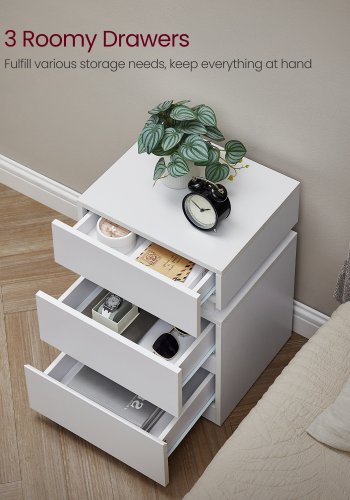 VASAGLE Natbord med LED-belysning, s�t med 2, sidebord, justerbare farver, sofabord 3 skuffer, natbord, sovev�relse, moderne, 35 x 40 x 55 cm, hvid LET0830W01