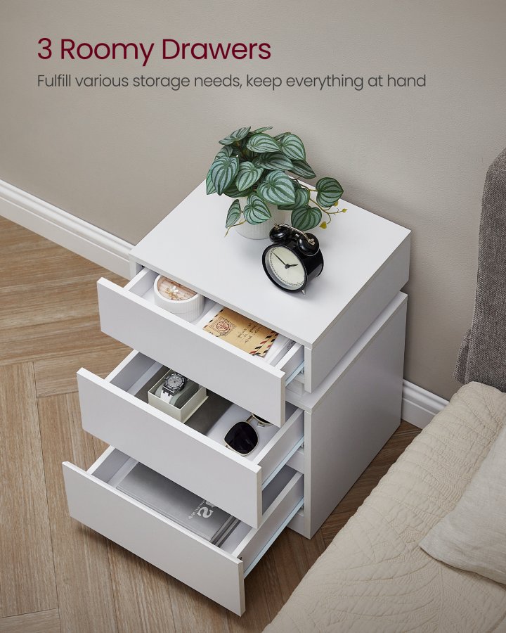 VASAGLE Natbord med LED-belysning, s�t med 2, sidebord, justerbare farver, sofabord 3 skuffer, natbord, sovev�relse, moderne, 35 x 40 x 55 cm, hvid LET0830W01