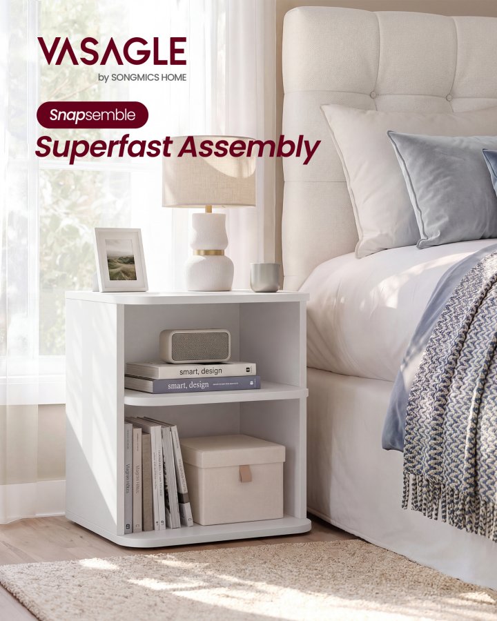 VASAGLE Sengebord, Snapsemble Superfast Assemble, 3-lags sidebord med �bne hylder, Lav til sovev�relse, stue, sm� rum, 30 x 35 x 45 cm, Cloud White LET123WE01