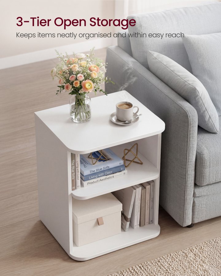 VASAGLE Sengebord, Snapsemble Superfast Assemble, 3-lags sidebord med �bne hylder, Lav til sovev�relse, stue, sm� rum, 30 x 35 x 45 cm, Cloud White LET123WE01