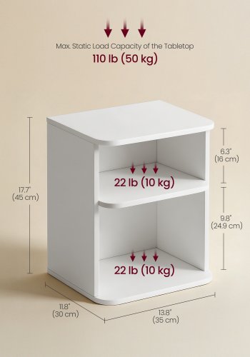 VASAGLE Sengebord, Snapsemble Superfast Assemble, 3-lags sidebord med �bne hylder, Lav til sovev�relse, stue, sm� rum, 30 x 35 x 45 cm, Cloud White LET123WE01