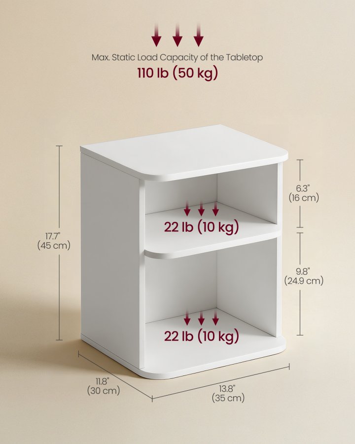 VASAGLE Sengebord, Snapsemble Superfast Assemble, 3-lags sidebord med �bne hylder, Lav til sovev�relse, stue, sm� rum, 30 x 35 x 45 cm, Cloud White LET123WE01
