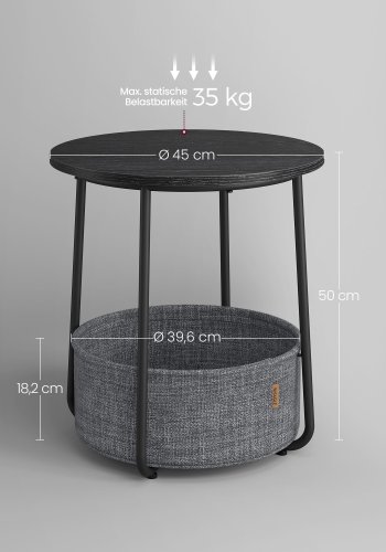VASAGLE Litet runt sidobord, modernt nattduksbord med tygkorg, nattduksbord f&ouml;r vardagsrum, sovrum, ebenholtssvart och skiffergr� LET223B01