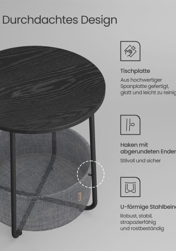 VASAGLE Litet runt sidobord, modernt nattduksbord med tygkorg, nattduksbord f&ouml;r vardagsrum, sovrum, ebenholtssvart och skiffergr� LET223B01