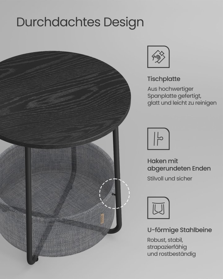 VASAGLE Litet runt sidobord, modernt nattduksbord med tygkorg, nattduksbord f&ouml;r vardagsrum, sovrum, ebenholtssvart och skiffergr� LET223B01