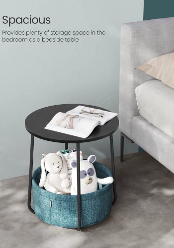 VASAGLE Beistelltisch, rund, mit 1 Stoffkorb – dunkeltürkises Polyester und schwarze Spanplatte/Stahl (45)