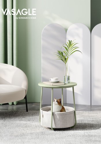 VASAGLE LET223C69 sidebord, rund, m. cremehvid polyester stofkurv - laurb�rgr�n sp�nplade og st�l (�45)