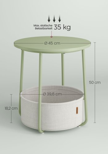 VASAGLE Litet runt sidobord, modernt nattduksbord med tygkorg, nattduksbord f&ouml;r vardagsrum/sovrum, lagergr&ouml;nt och kr&auml;mvitt LET223C69