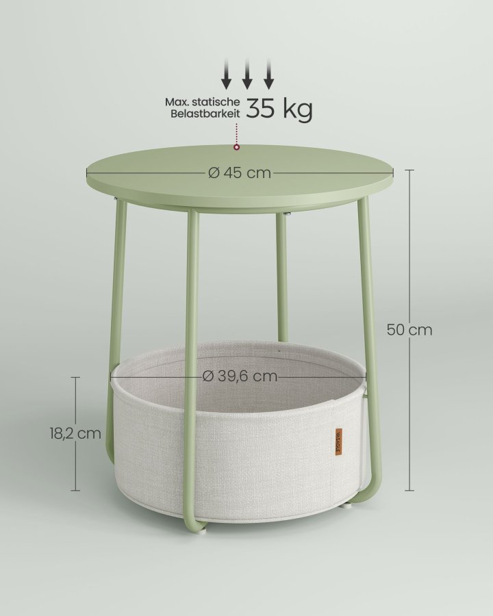 VASAGLE Litet runt sidobord, modernt nattduksbord med tygkorg, nattduksbord f&ouml;r vardagsrum/sovrum, lagergr&ouml;nt och kr&auml;mvitt LET223C69