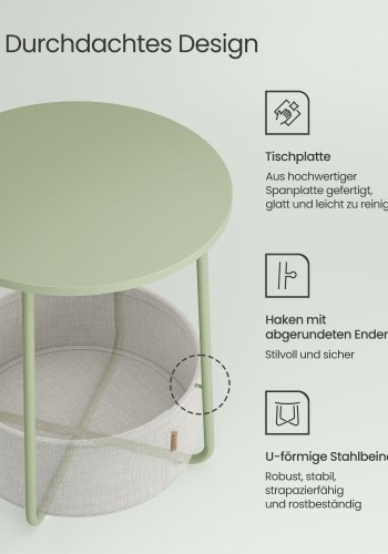 VASAGLE Litet runt sidobord, modernt nattduksbord med tygkorg, nattduksbord f&ouml;r vardagsrum/sovrum, lagergr&ouml;nt och kr&auml;mvitt LET223C69