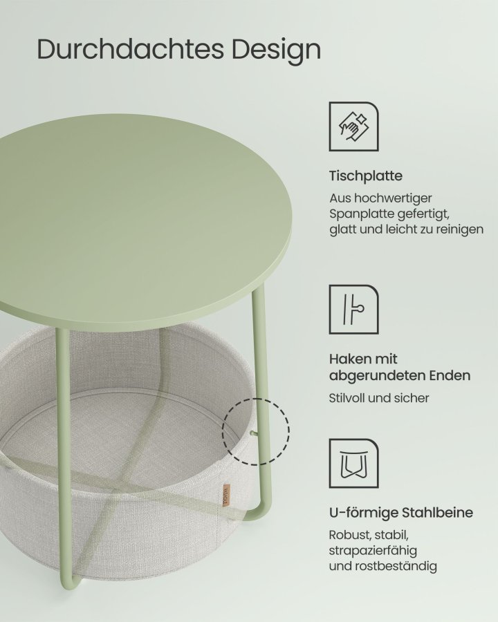 VASAGLE Litet runt sidobord, modernt nattduksbord med tygkorg, nattduksbord f&ouml;r vardagsrum/sovrum, lagergr&ouml;nt och kr&auml;mvitt LET223C69