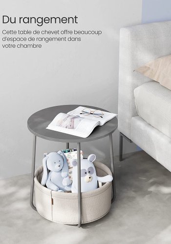 VASAGLE Litet runt soffbord, sidobord med tygkorg, förvaring, för vardagsrum, sovrum, nattduksbord, modern stil, cementgr och molnvit LET223G49