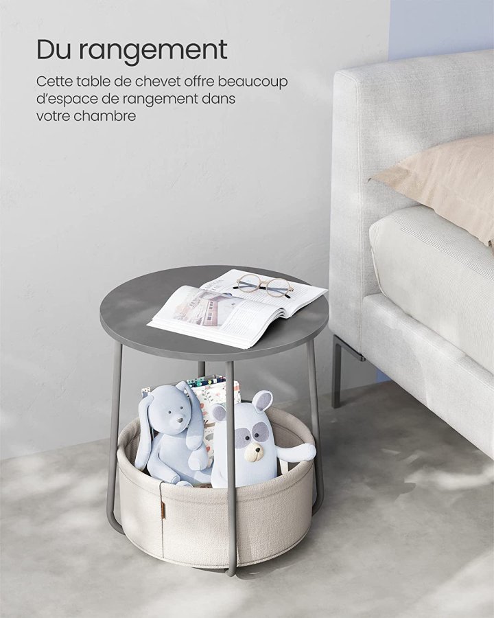 VASAGLE Litet runt soffbord, sidobord med tygkorg, förvaring, för vardagsrum, sovrum, nattduksbord, modern stil, cementgr och molnvit LET223G49