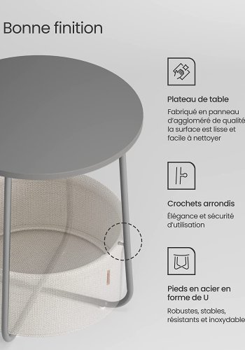VASAGLE Litet runt soffbord, sidobord med tygkorg, förvaring, för vardagsrum, sovrum, nattduksbord, modern stil, cementgr och molnvit LET223G49