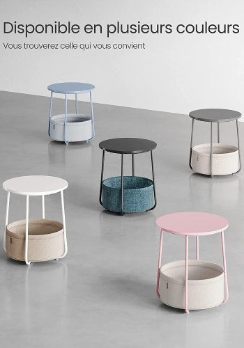 VASAGLE Litet runt soffbord, sidobord med tygkorg, förvaring, för vardagsrum, sovrum, nattduksbord, modern stil, cementgr och molnvit LET223G49