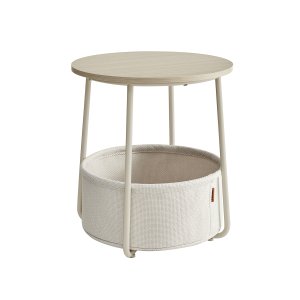 VASAGLE Litet runt soffbord, sidobord med tygkorg, f&ouml;rvaring f&ouml;r vardagsrum, sovrum, s&auml;ngbord, modern stil, kr&auml;mvit LET223K67