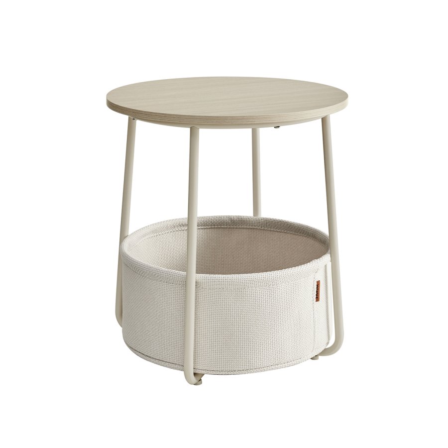 VASAGLE Litet runt soffbord, sidobord med tygkorg, f&ouml;rvaring f&ouml;r vardagsrum, sovrum, s&auml;ngbord, modern stil, kr&auml;mvit LET223K67