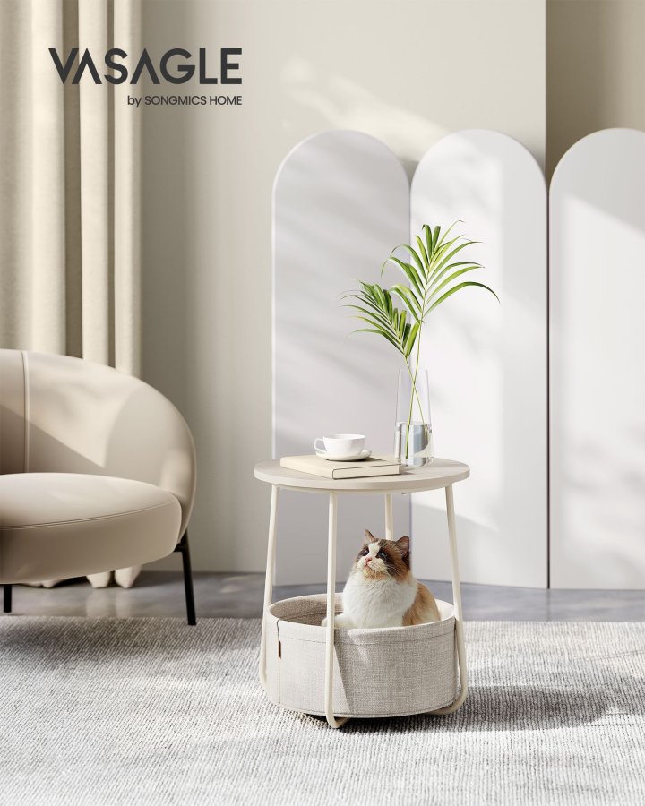 VASAGLE Litet runt soffbord, sidobord med tygkorg, f&ouml;rvaring f&ouml;r vardagsrum, sovrum, s&auml;ngbord, modern stil, kr&auml;mvit LET223K67