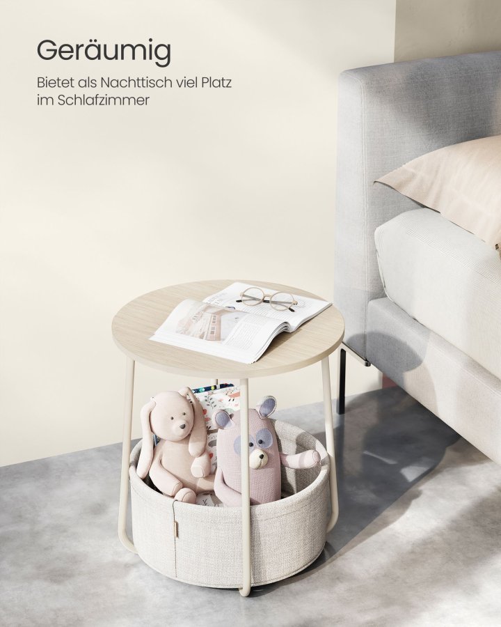 VASAGLE Litet runt soffbord, sidobord med tygkorg, f&ouml;rvaring f&ouml;r vardagsrum, sovrum, s&auml;ngbord, modern stil, kr&auml;mvit LET223K67